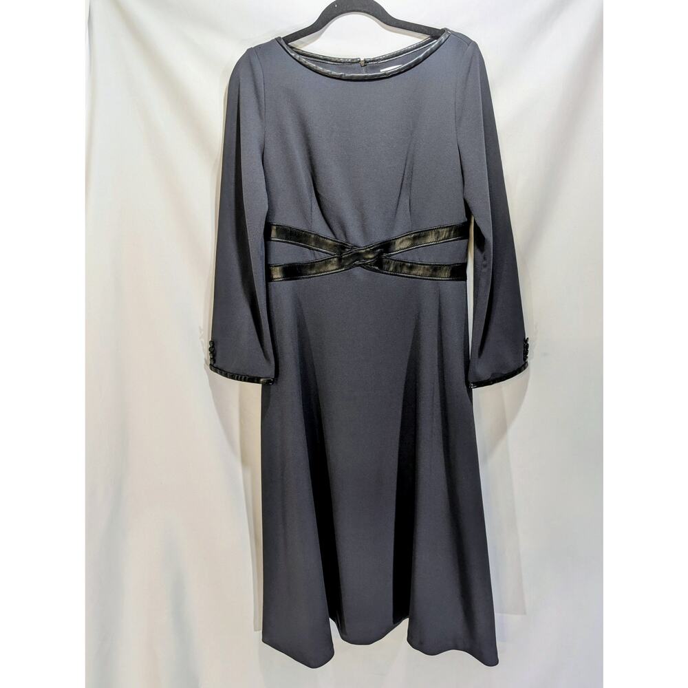 Calvin Klein Black‎ Faux Leather Trim Long Sleeve Dress